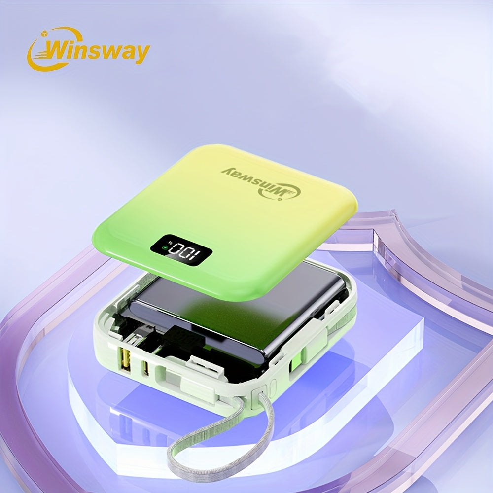 Winsway 2.9英寸迷你充電寶，10000mAh大容量，小巧便攜，內建USB-C雙線輸出，22.5W快充，LED顯示屏，內建掛繩設計，相容多種電子裝置，適合作為高顏值充電寶贈予朋友，聖誕禮物優選