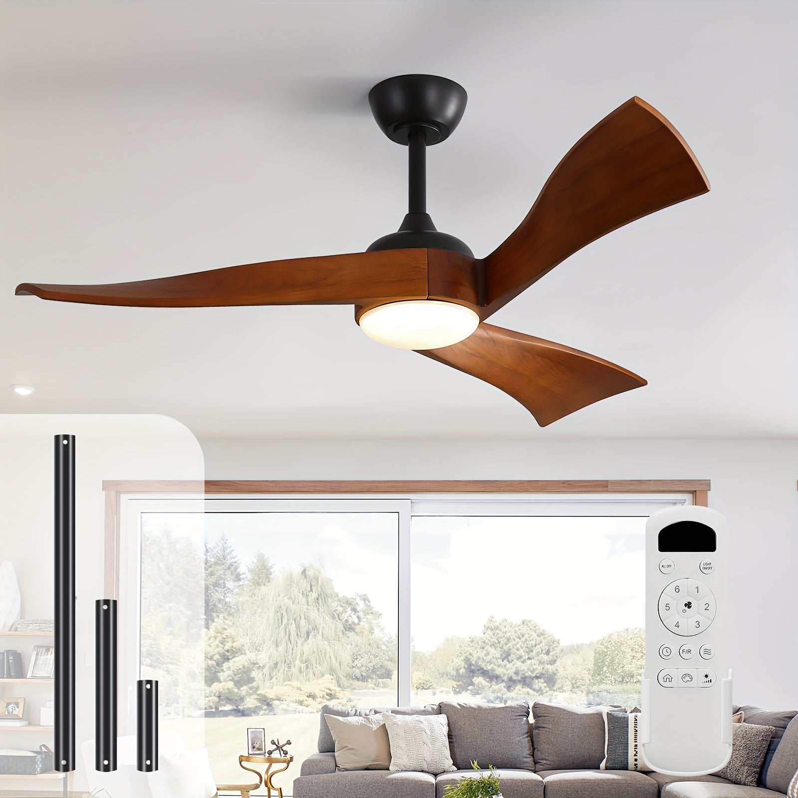 Sofucor 52 Inch Large Modern Ceiling Fan with Light, Smart Remote Control Ceiling Fan, 3 Solid Wood Blades, Reversible DC Motor, 6 Speed Settings, 1/4/8 Hour Timer, LED Lighting