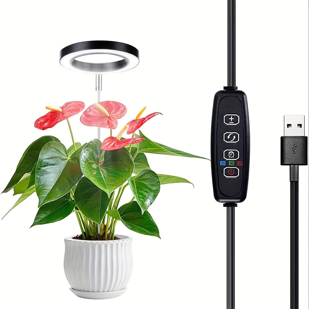 Indoor LED Plant Grow Light, Full Spectrum Ring Grow Light, 3 Colors, 10 Dimmable Levels, Auto Timer, USB Powered, Height Adjustable, Ideal for Succulents and Small Plants