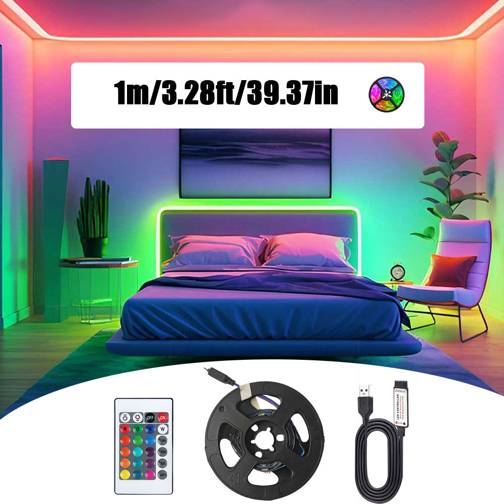 RGB 5050 LED灯带配24键控制器，变色发光LED灯串，39.37英寸至1574.8英寸LED灯带，适用于卧室、厨房、电视背景墙及节日装饰（圣诞节、万圣节、生日）