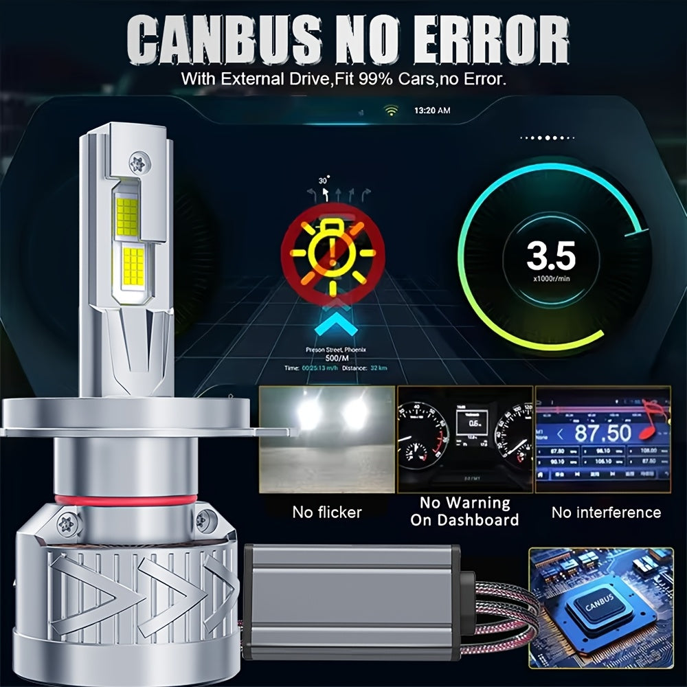 2-Pack LED Car Headlights - 280W Power, 60,000 Lumens Brightness, 6500K Color Temperature, 360° Beam, High/Low Beam Switching, 300m Illumination Distance, Turbo Fan Design, CANBUS Error-Free