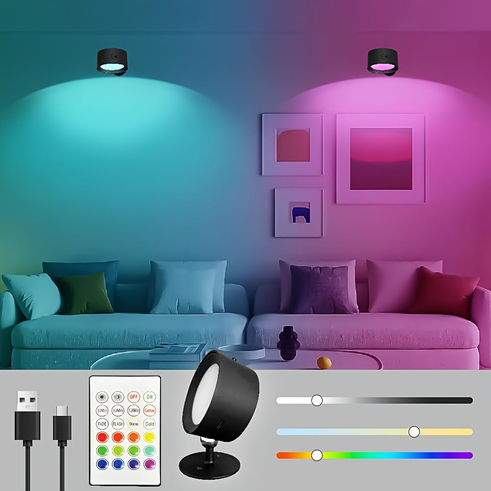 GVTCO Indoor Rechargeable LED Wall Light Multi-Color RGBW Wall Art Light, Portable Cordless LED Light, Dimmable with Remote Control Wall Light, 360° Rotation, USB Charging, 1200mAh, Wireless and Wall-Mounted