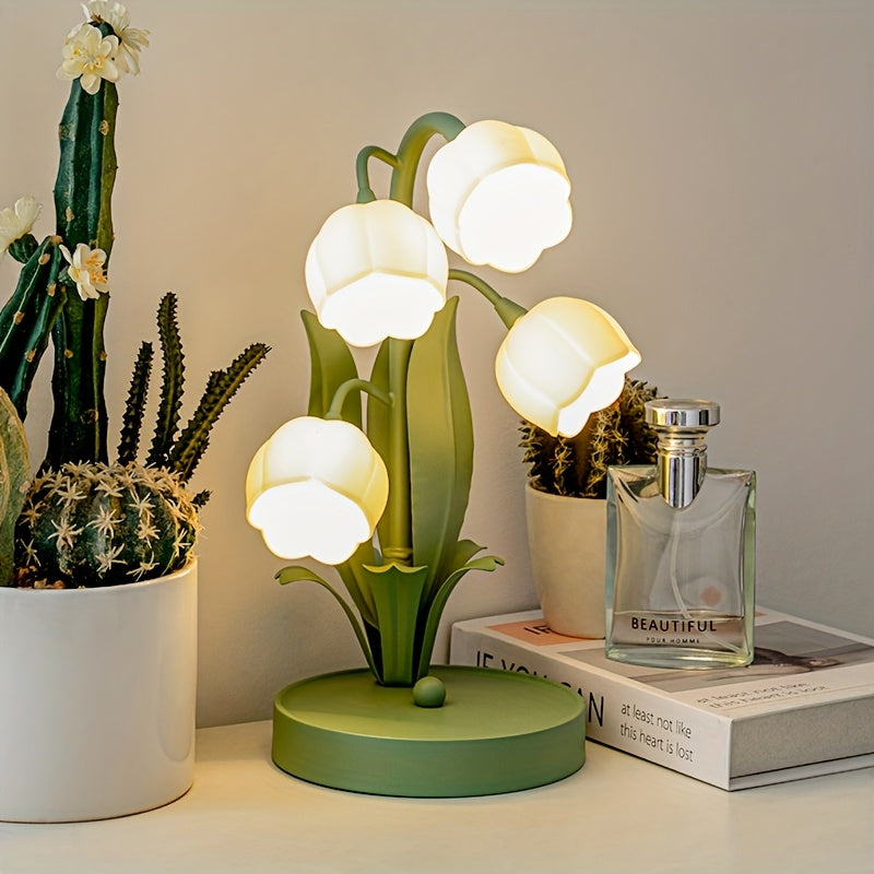 Pink warm table lamp, gold light luxury table lamp, five lily of the valley flowers table lamp, creative acrylic flower shape, home decoration desk lamp, floral theme ambiance light, themed homestay hotel decorative lamp