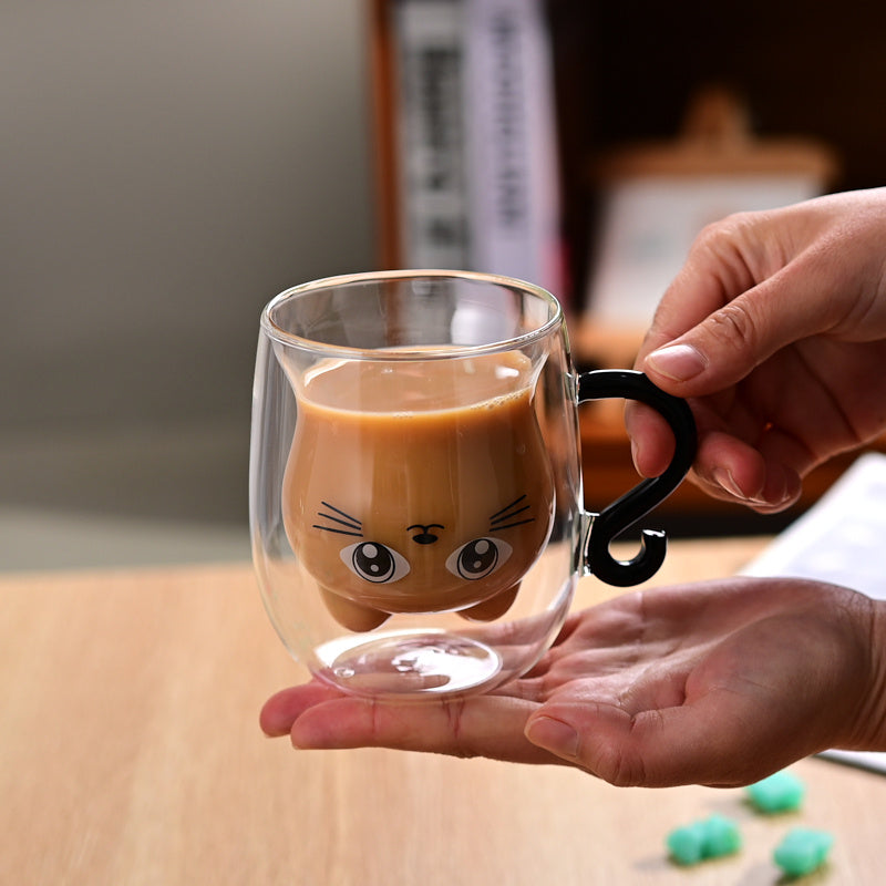 One Cute Cat-Themed Glass Mug, Hollow Double-Wall Insulated Cup for Coffee & Milk, Suitable for Espresso and Beverages, Ideal for All Seasons, Perfect Gift Item