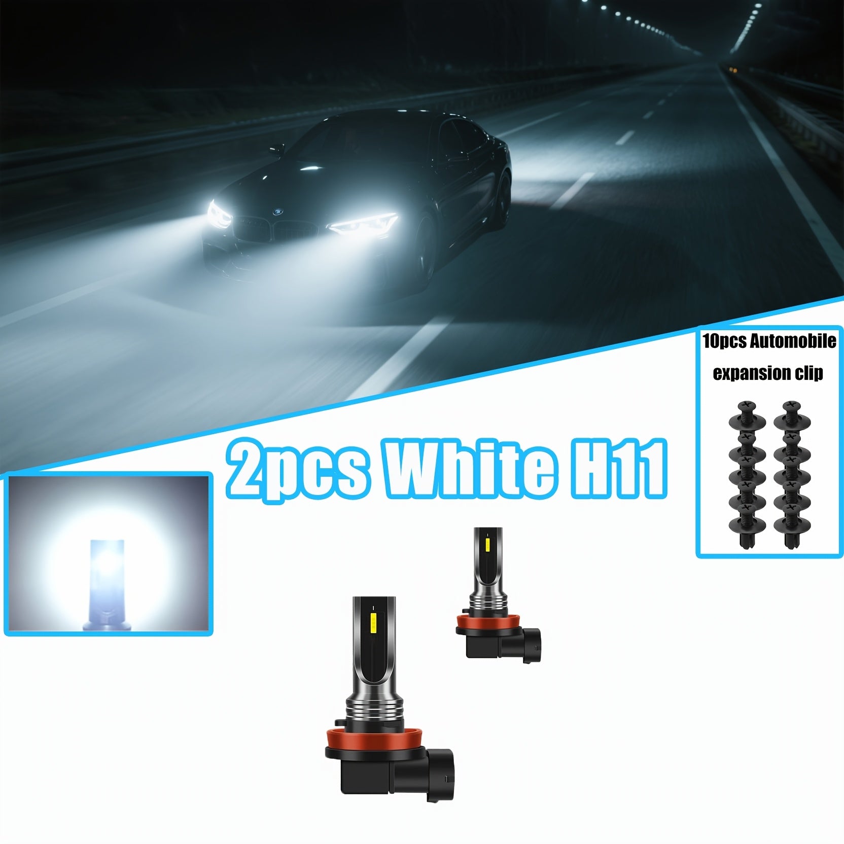 2-Pack Super Bright LED Bulb Combo Set, H4 H7 9005 H11 Fog Light and High/Low Beam, for Car and Motorcycle, with 10 Push-Type Retainer Clips Bumper Clips Auto Modification Parts