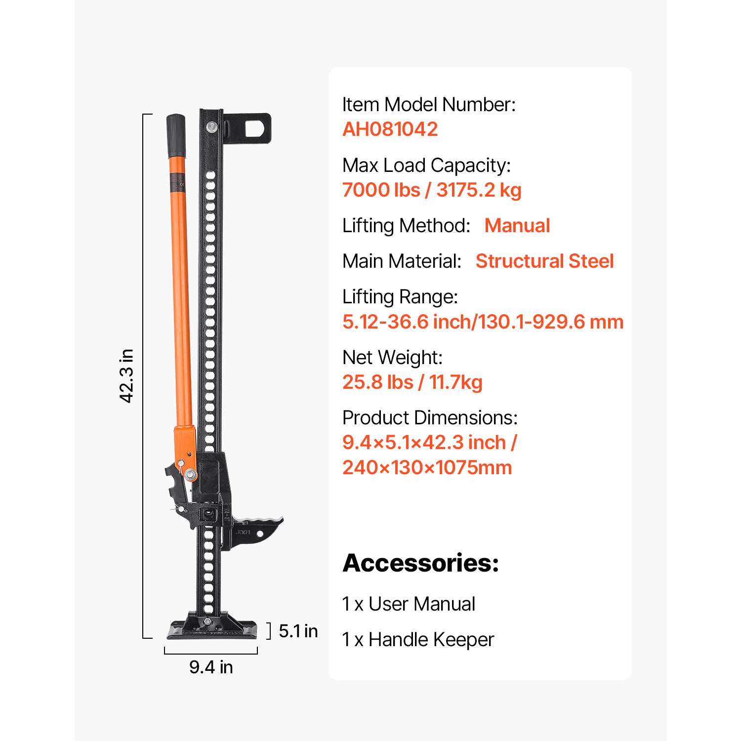 VEVOR 34/36/42 Inch Off Road Farm Jack Hoist, 7000 lbs Heavy Duty High Lift Tractor Vehicle Winch