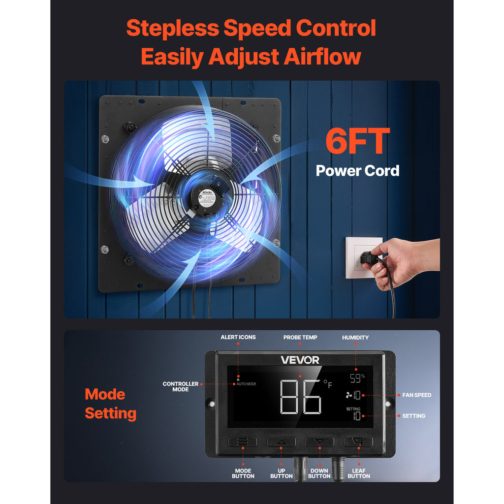 VEVOR 12"/14" Shutter Exhaust Fan, Wall-Mounted Attic Vent Fan, Smart Programmable Variable Speed Temp Control, EC Motor, Timer, for Shed/Garage/Greenhouse Ventilation Cooling, Black