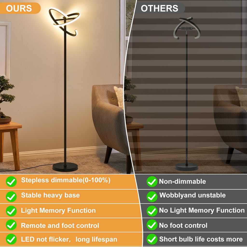 Modern rotatable floor lamp with remote control, dimmable black LED color-changing ambiance lighting, suitable for bedroom and living room, versatile shapes including heart shape, 48W LED floor lamp