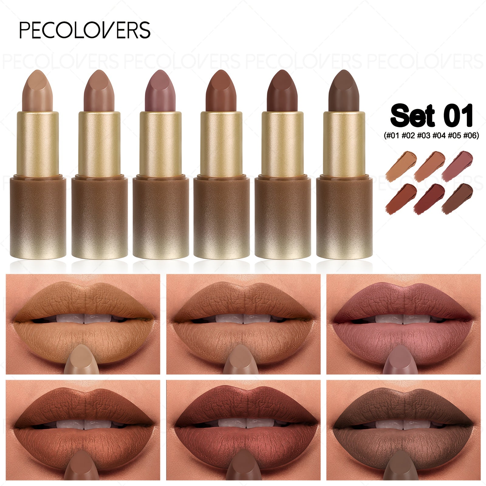 6支 PECOLOVERS 棕色口红套装 - 不干燥，防水防汗，满Coverage，秋冬迷人的唇色，持久，多支装，约会妆容，秋季口红 | 迷人唇妆设计 | 丝滑质地
