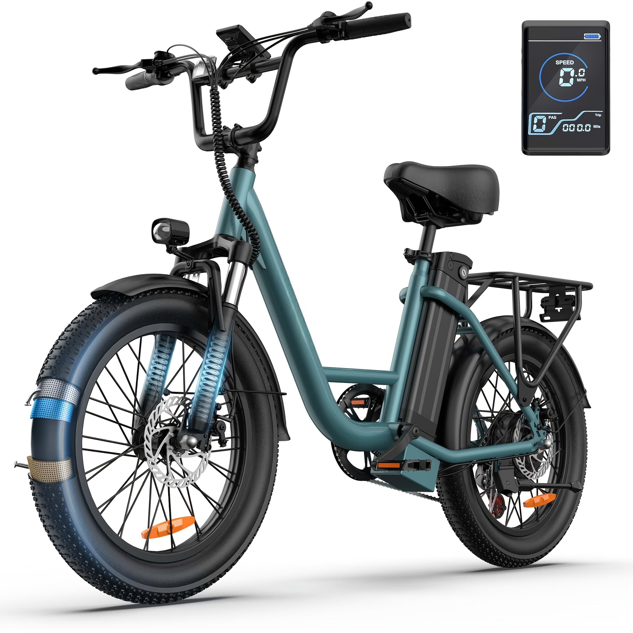 E20电动自行车，配备745W无刷电机与48V 13Ah电池，续航40-60英里（约64-96公里），全地形20英寸车轮，前悬挂系统，碟刹制动系统，动力充足，可兼容外置充电器（插电式）