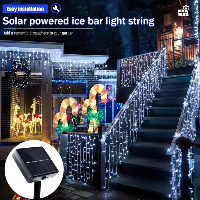 1个太阳能LED冰凌灯串，216.14英寸96LED/354.72英寸162LED灯，8种照明模式，非常适合花园、屋檐、露台、餐厅、房车、帐篷、派个、婚礼、圣诞节、万圣节、新年和户外装饰