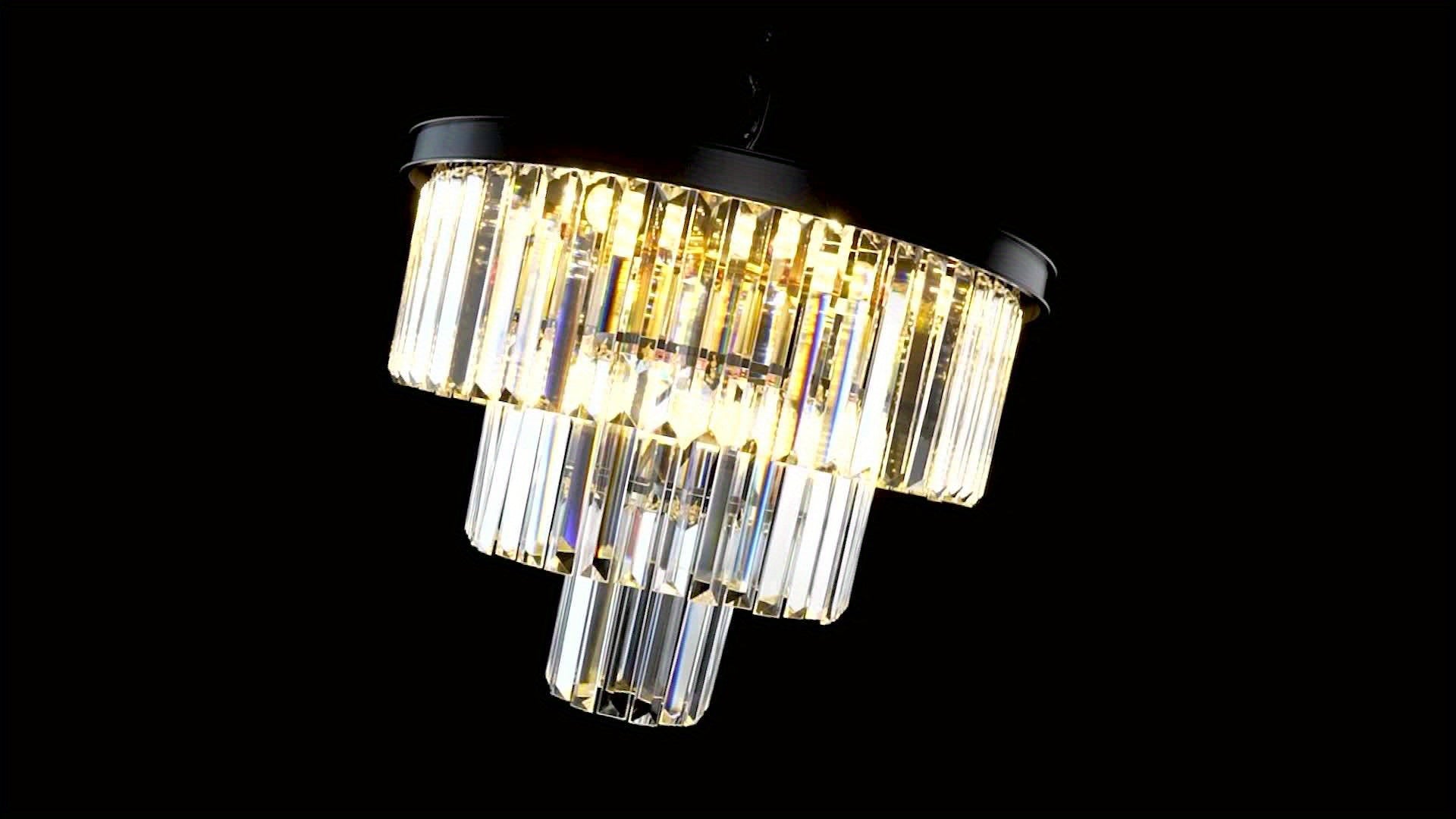 Modern Crystal Chandelier Gold 15.7-Inch Round Pendant Light, 7-Light Ceiling Chandelier Fixture for Dining Room, Raindrop Luxury Black Flush Mount Chandelier for Entryway Living Room