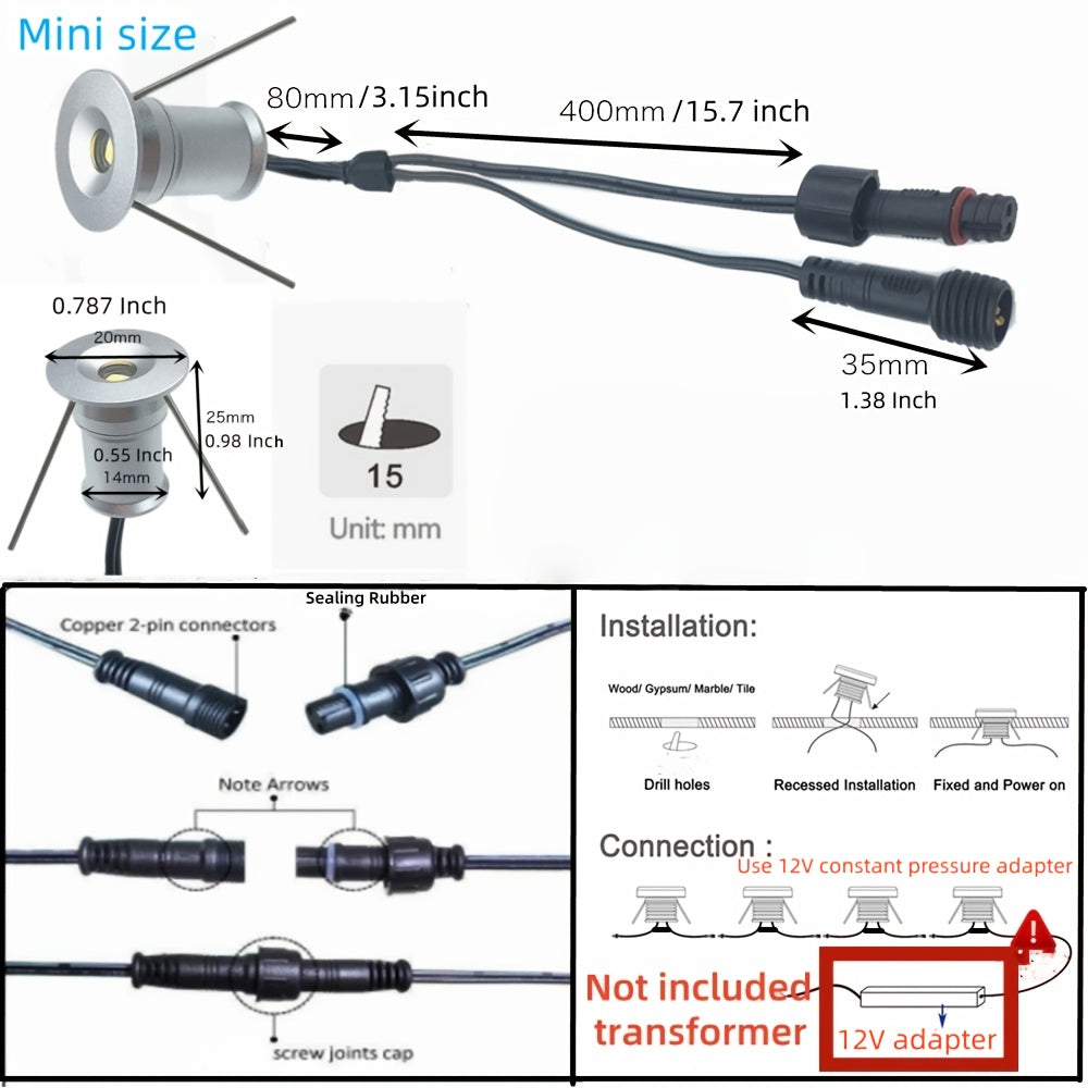 6个/11个 低压 12V 迷你地下灯，LED楼梯地面景观灯，1W楼梯甲板灯，12V花园灯，IP65户外15mm埋地LED灯，庭院、小路、露台装饰射灯
