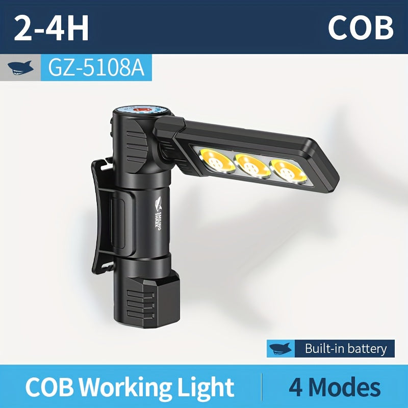 1 Smile Shark COB Ultra-Bright Work Light, Rechargeable LED Work Light, Portable Magnetic Work Light Flashlight, 180° Rotating with 3 Modes, Small Strong Magnetic Flashlight, Ideal for Under Hood, Car Repair, Inspection & Outdoor Use, Mini COB Work Light
