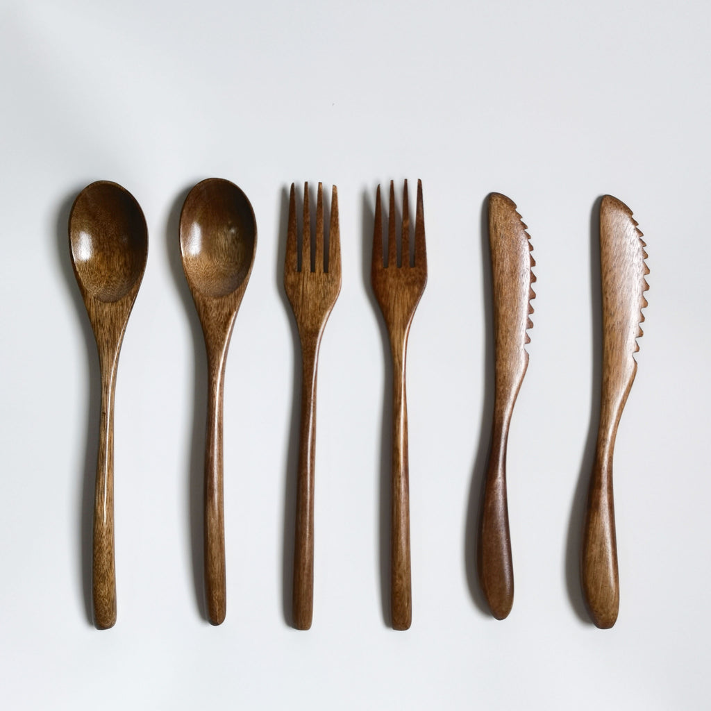Handcrafted Nanmu Wood Cutlery Set – Solid Wood 22.5cm Knife, Fork & Spoon – Natural Wood Texture, Vintage Design, Simple Rustic Style Cutlery Set