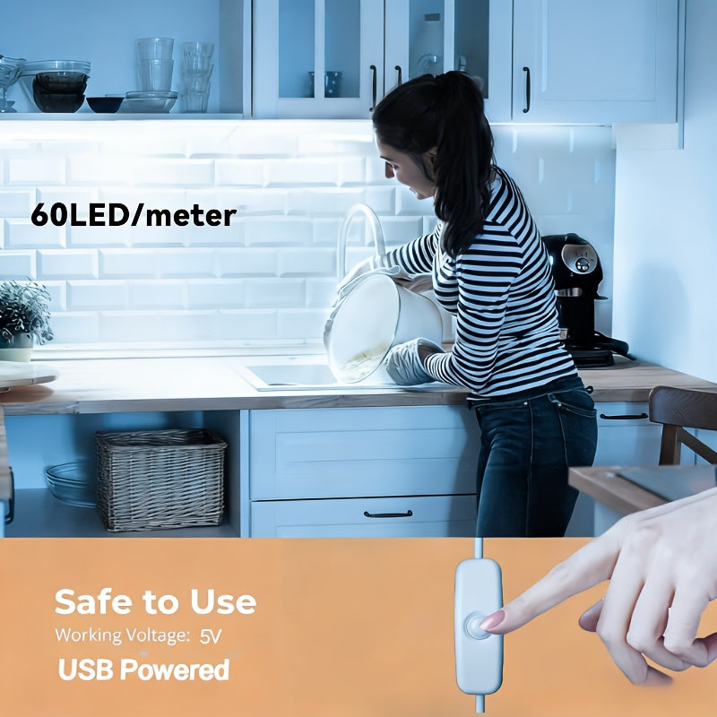500厘米/196.85英寸USB LED灯带 白色，5V USB供电 300颗LED柔性SMD2835超亮不可调光LED灯带（1卷），适用于电视背光及橱柜灯，卧室、厨房、置物架照明，圣诞佳节理想礼物