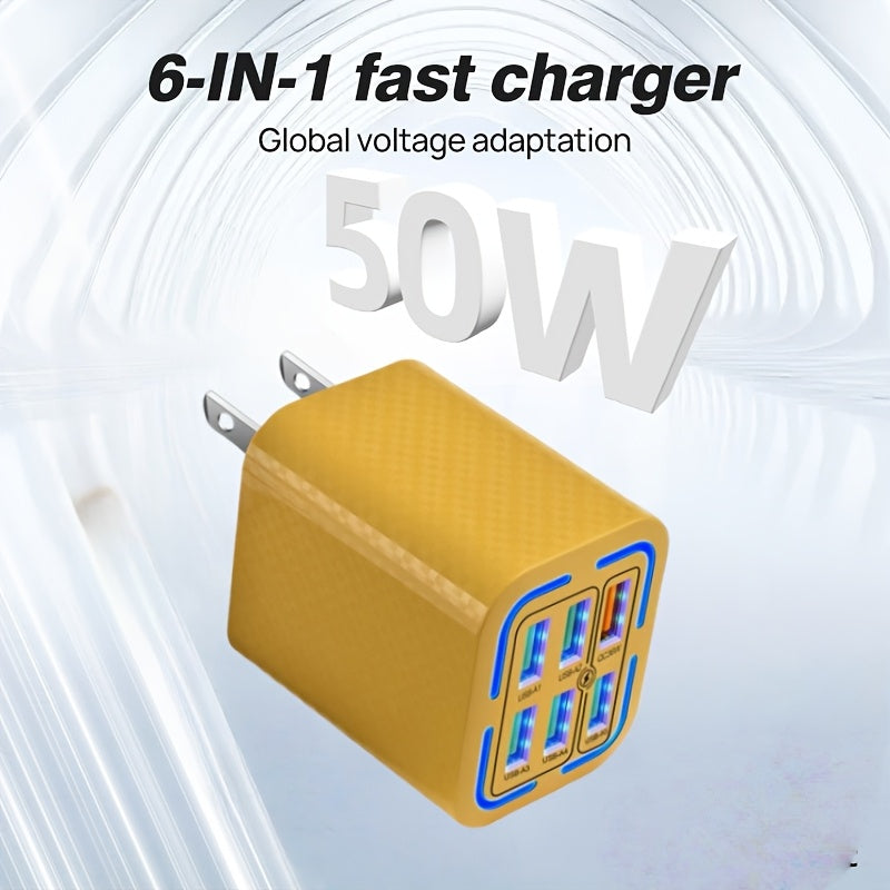6 Ports USB Charger QC Fast Charging US Plug with 39.37inch USB to Type-C Cable, Fast Charger Power Adapter for iPhone 17, for Xiaomi, for Samsung Wall Charger- Ideal for Home And Travel, Multidevice Charging, Home Charging Station, Compact Design