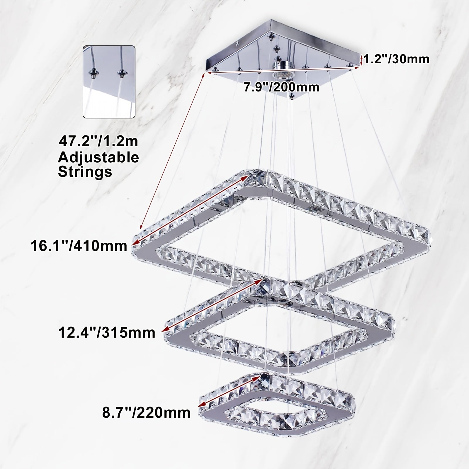 Modern Square Ring Crystal Chandelier, Height Adjustable Ceiling Light (Cool White Light)