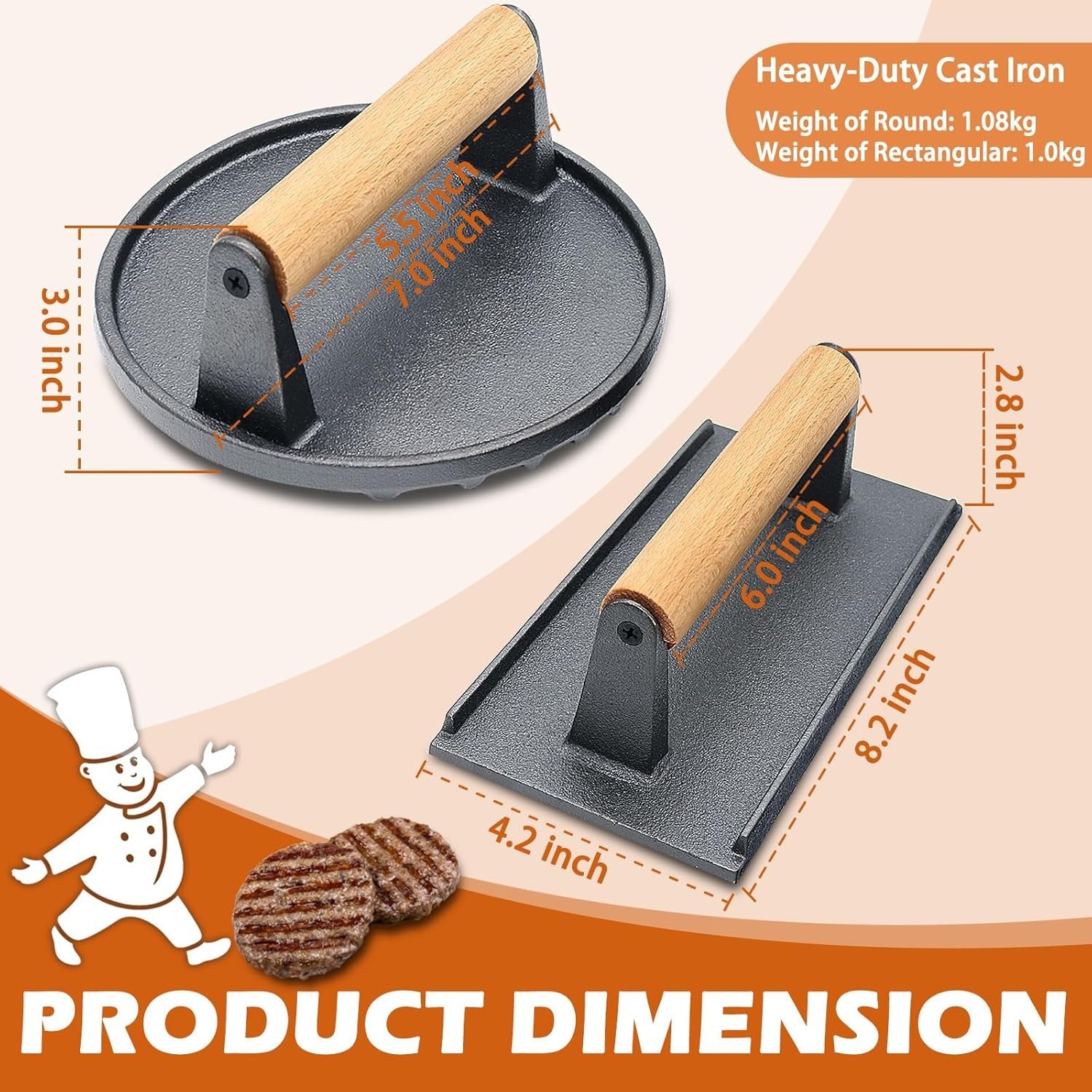 Cast Iron Meat Press Plate, Rectangular Round Striped Grid Grill Press for Steak and Barbecue, Uncoated with Beech Wood Handle