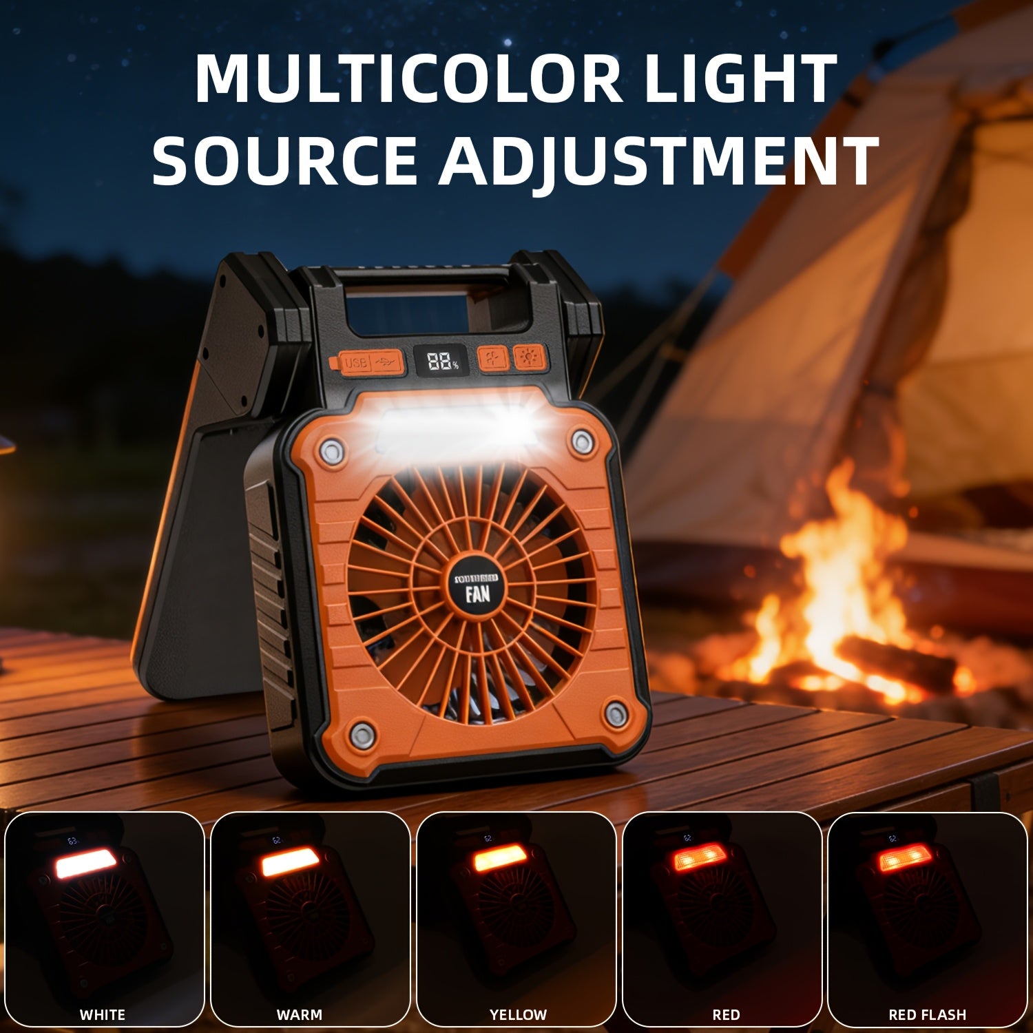 1PC Single Motor Camping Fan, Solar LED Camping Fan, 180° Rotatable Adjustable Angle Fan, Portable Outdoor Fan with Hook, Support Input and Output Charging Function, Suitable for Tents