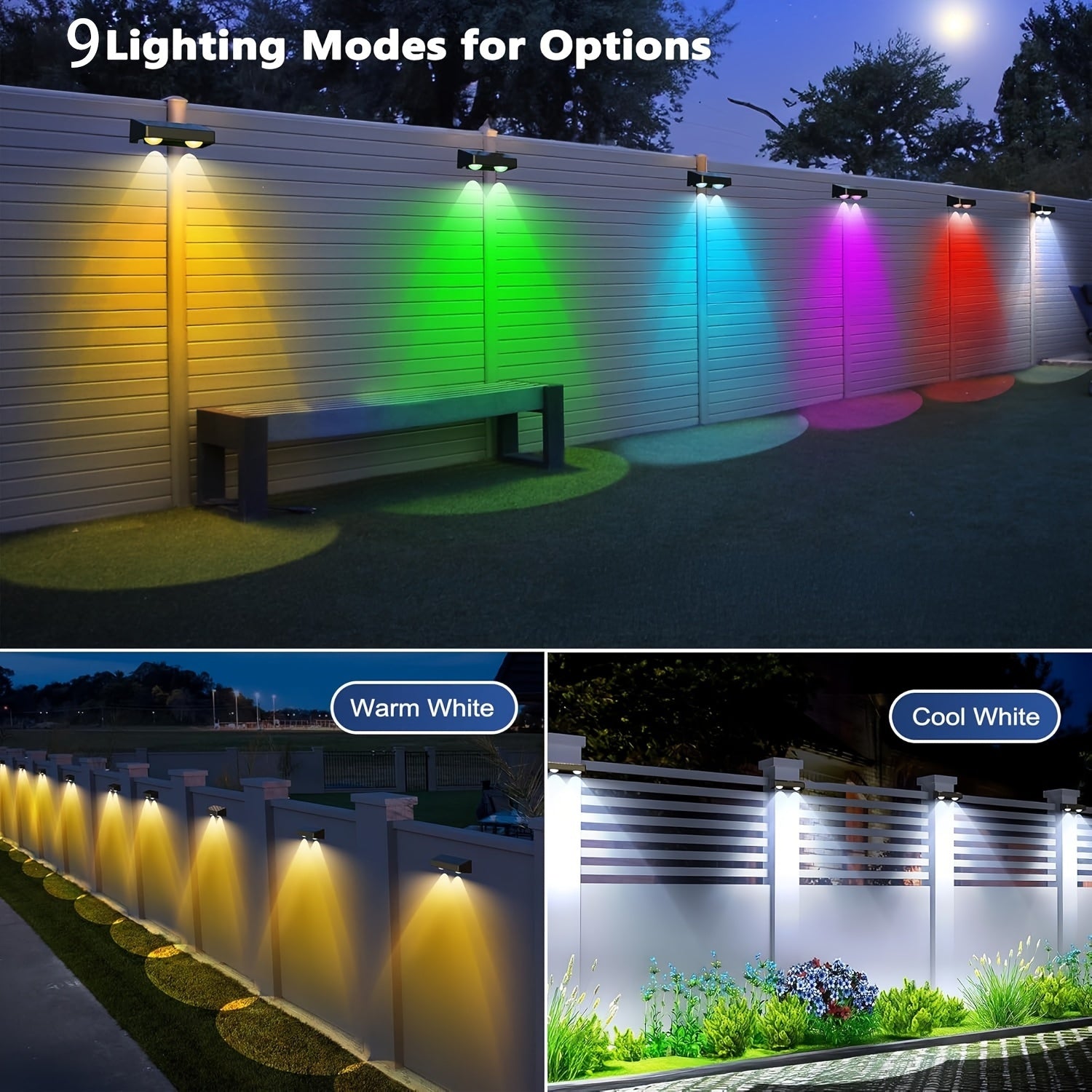 4/2 Solar Fence Light, Multicolor Garden Wall Light, Area Floodlight, 9 Modes, Dusk to Dawn Lighting, Suitable for Courtyard/Railing/Steps/Stairs and Walls, Commercial Street Lighting, Christmas and Birthday Gift