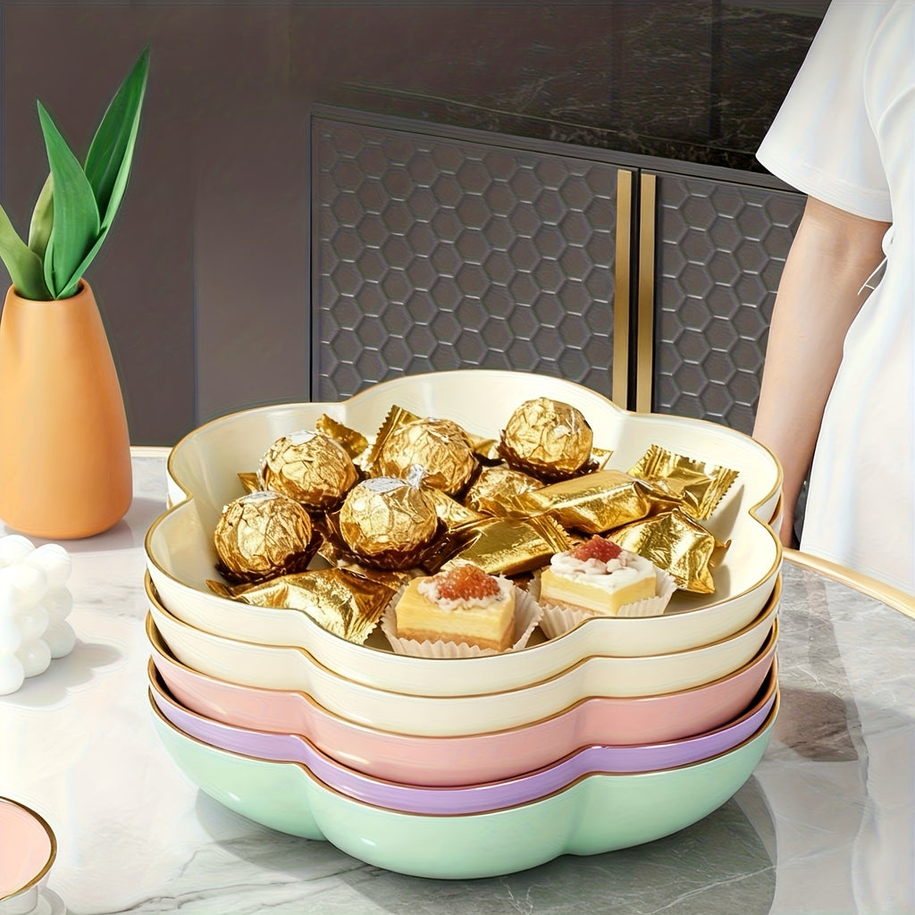 3-Piece Gold Rim Floral Fruit Bowl & Cake Stand Tray Set, New Year Candy Tray – Perfect for Afternoon Tea or Party Food, Outdoor, Hotel – Ideal for Living Room Decor, Family Dinner Table Fruit Bowl, Dessert Plate