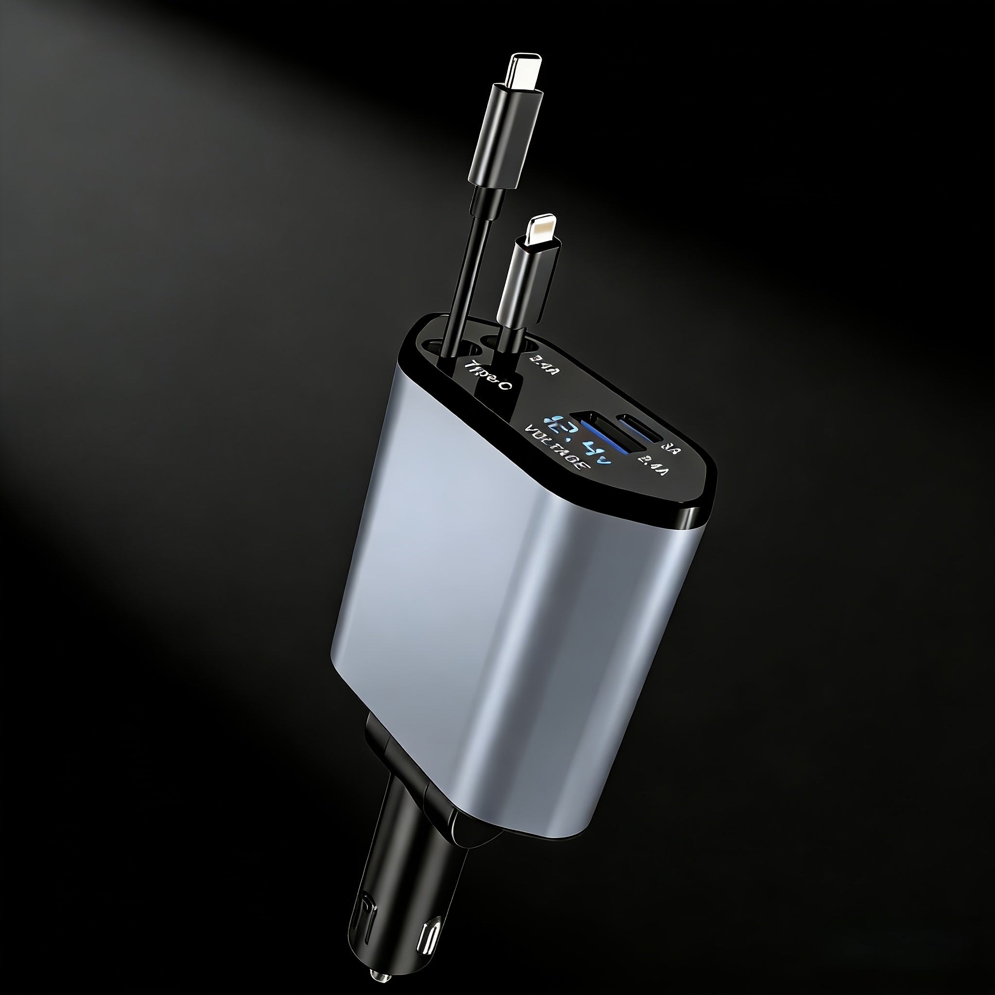 [W&O] Car Phone Charger, 4-In-1 Fast Car Charger Adapter with Dual Cable Retractable Phone Charger Cable, Fast Charging, Compatible with Type-C And IOS Dual Systems, 2 Ports (USB-A And USB-C) Universal Cigarette Lighter USB Interface