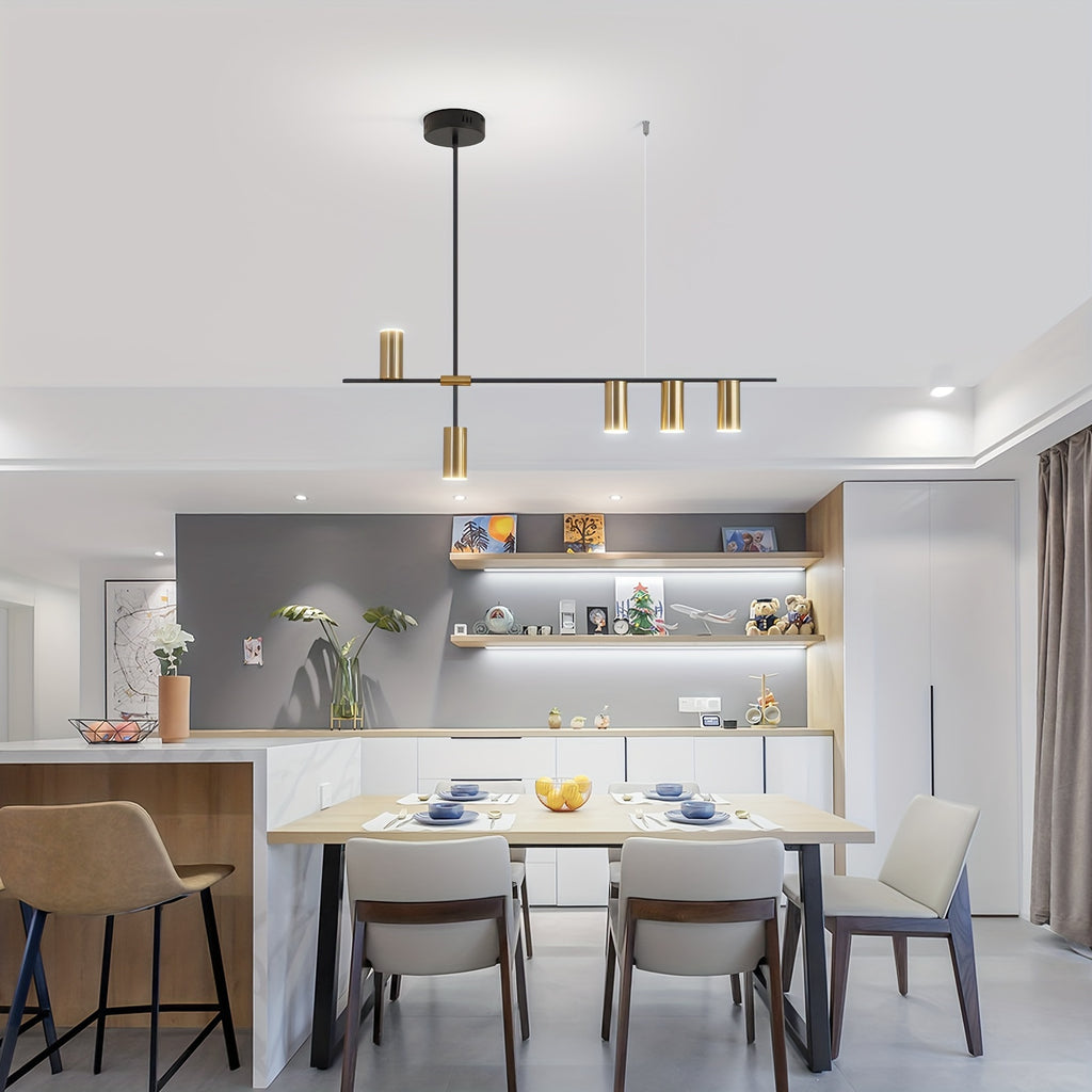 Adjustable dimmable linear pendant light, with remote control, modern LED pendant light design, polished metal lamp head, black and gold hanging light, suitable for kitchen island, dining room and living room