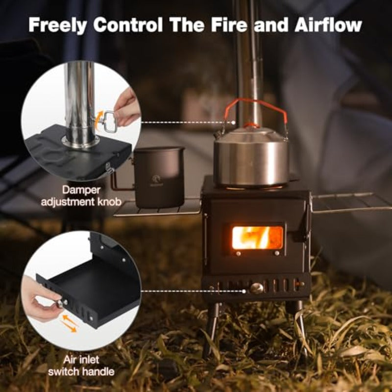 Portable Windproof Chimney Wood Stove, Includes Gloves & Tent Rope, Camping Wood Stove for Tent Shelter, Outdoor Cooking & Heating, Black