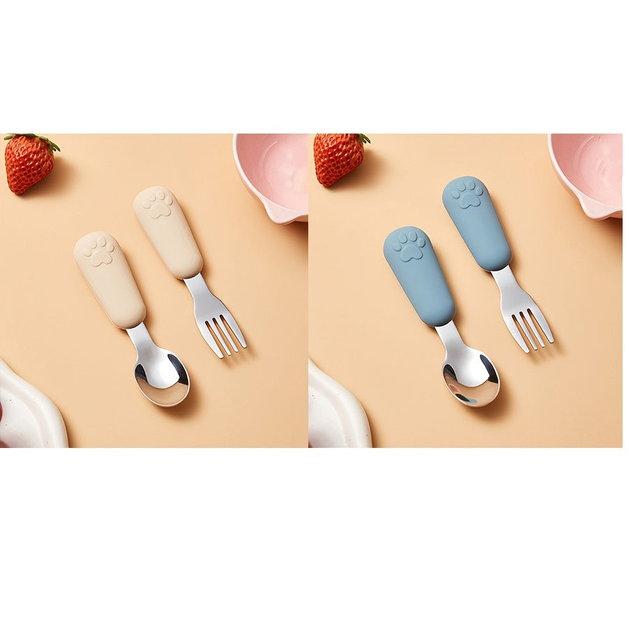 1/2 Set Bear Paw Shape Children's Short Handle Fork & Spoon Set – 304 Stainless Steel Non-Slip Grip | Baby & Toddler Self-Feeding Training Cutlery, Learning Meal Training Utensils