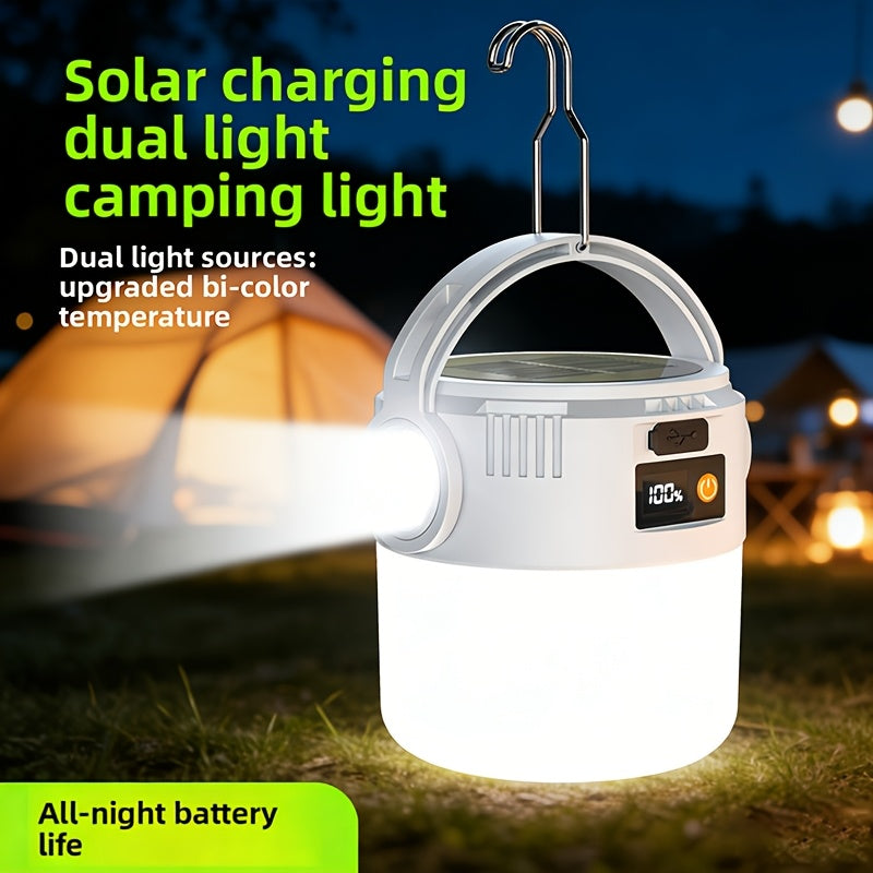 1 set solar camping light, foldable LED spotlight, portable lighting lamp, home emergency light, outdoor camping light, solar camping light, LED bulb light, solar dual charging, compact design, maximum brightness 500 lumens