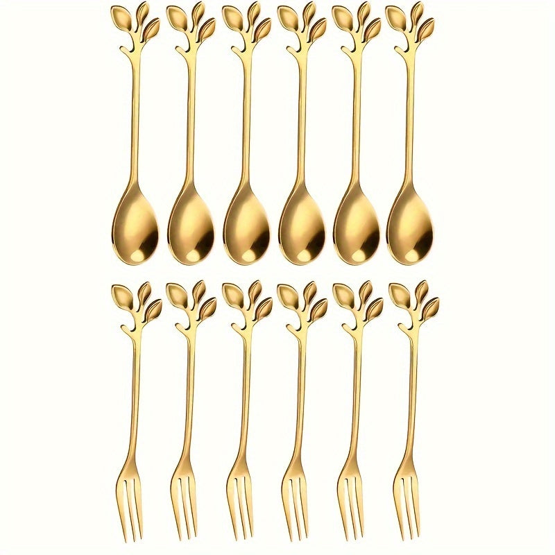 12-Piece Gold Stainless Steel Coffee & Dessert Spoon Set with Leaf Decoration – Polished Finish, Dishwasher Safe, Perfect for Stirring, Fruit