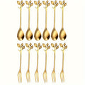 12-Piece Gold Stainless Steel Coffee & Dessert Spoon Set with Leaf Decoration – Polished Finish, Dishwasher Safe, Perfect for Stirring, Fruit