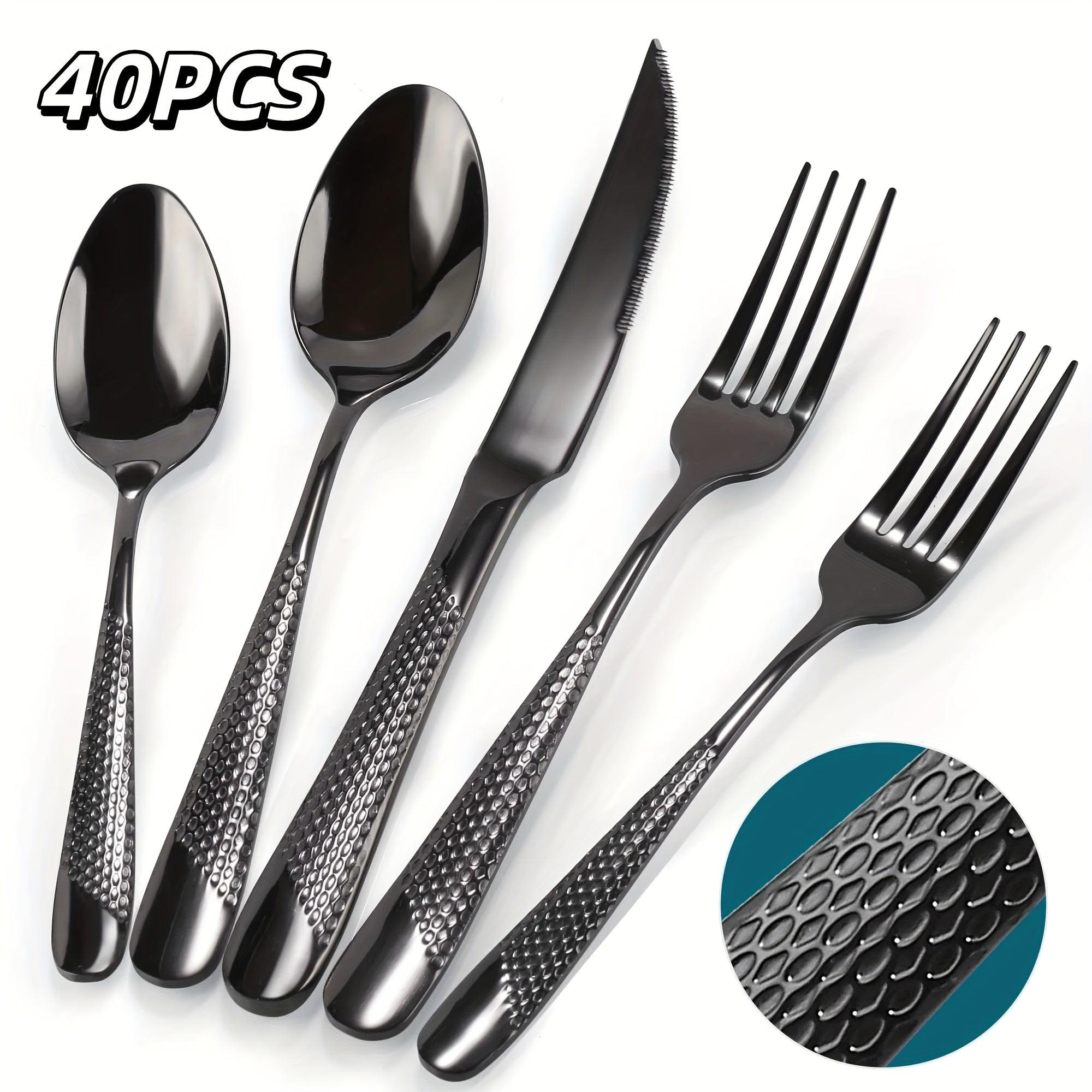 Hammered Silver Flatware Set, 40-Piece Stainless Steel Cutlery Set for 8 – Modern Kitchen Dinnerware Set, Includes Dinner Knife / Fork / Soup Spoon, Mirror Polished, Dishwasher Safe