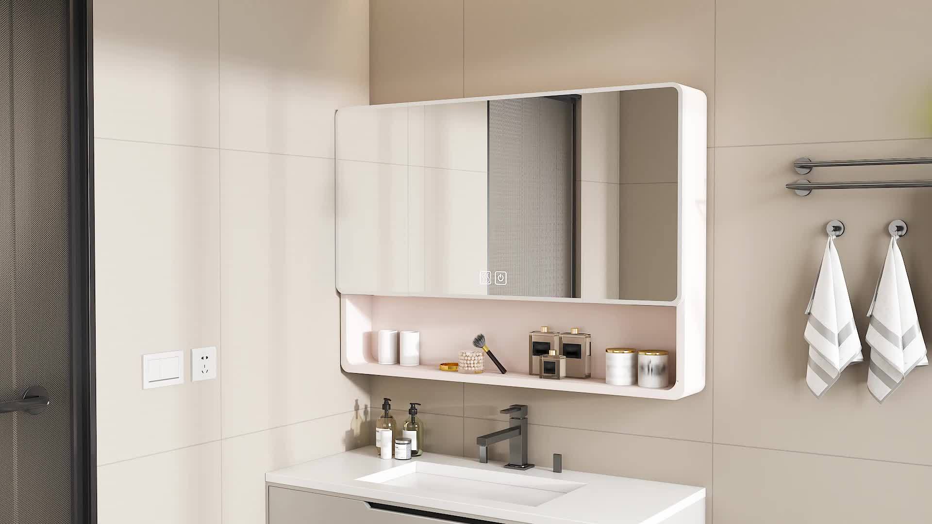 Stone 35"x28" Aluminum Bathroom Mirror Cabinet with Smart LED Lighting & Anti-Fog - Wall Mount Vanity Mirror with Cosmetics Shelf & Hair Dryer Holder, Khaki