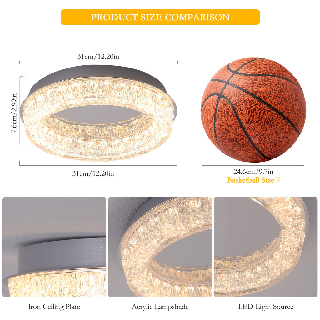 Gainid recessed ceiling light 12.2-inch modern LED ceiling light, round LED fixture with acrylic lampshade, suitable for bedroom, kitchen, foyer, hallway, entryway, chrome material, 3000K color temperature