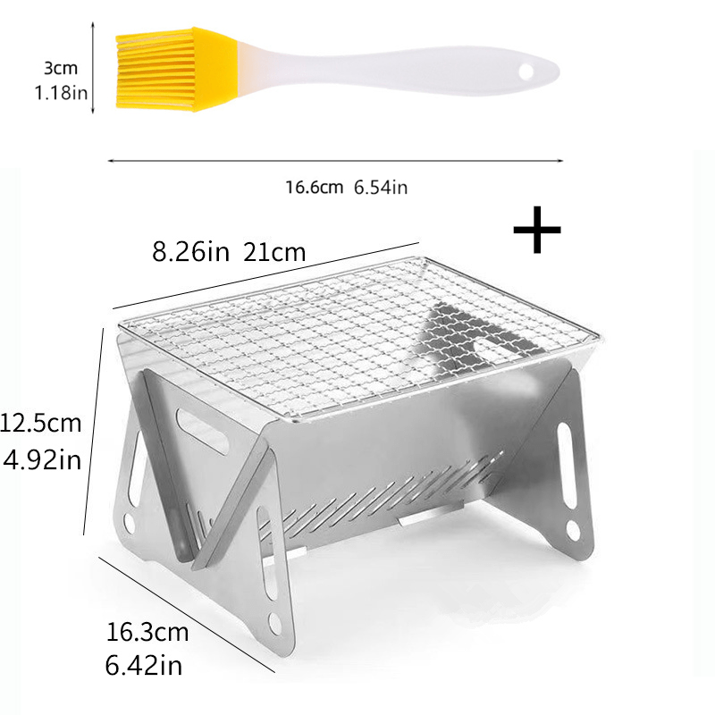 2-Piece Outdoor Foldable BBQ Grill, Stainless Steel Cassette Stove, Portable Charcoal Stove, Garden Party Camping Supplement. Includes 1 BBQ Grill + 1 Basting Brush/