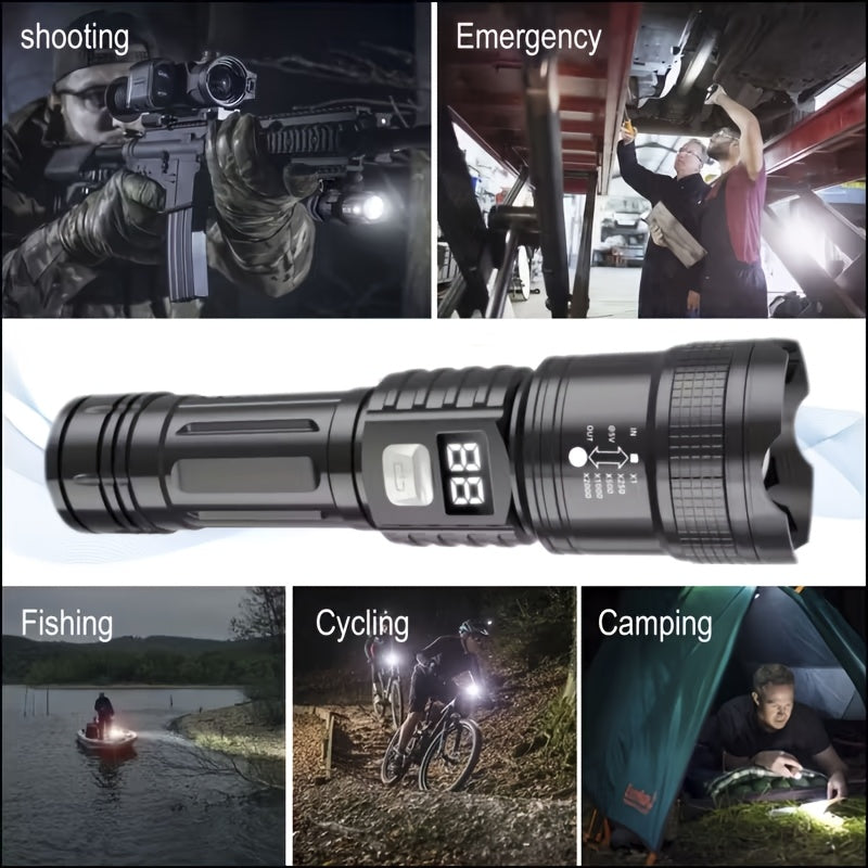4-pack rechargeable high-power LED flashlight, with zoomable focus function, ultra-bright long-range beam, tactical work light, suitable for camping, hunting, hiking, emergency, equipped with LCD digital display screen