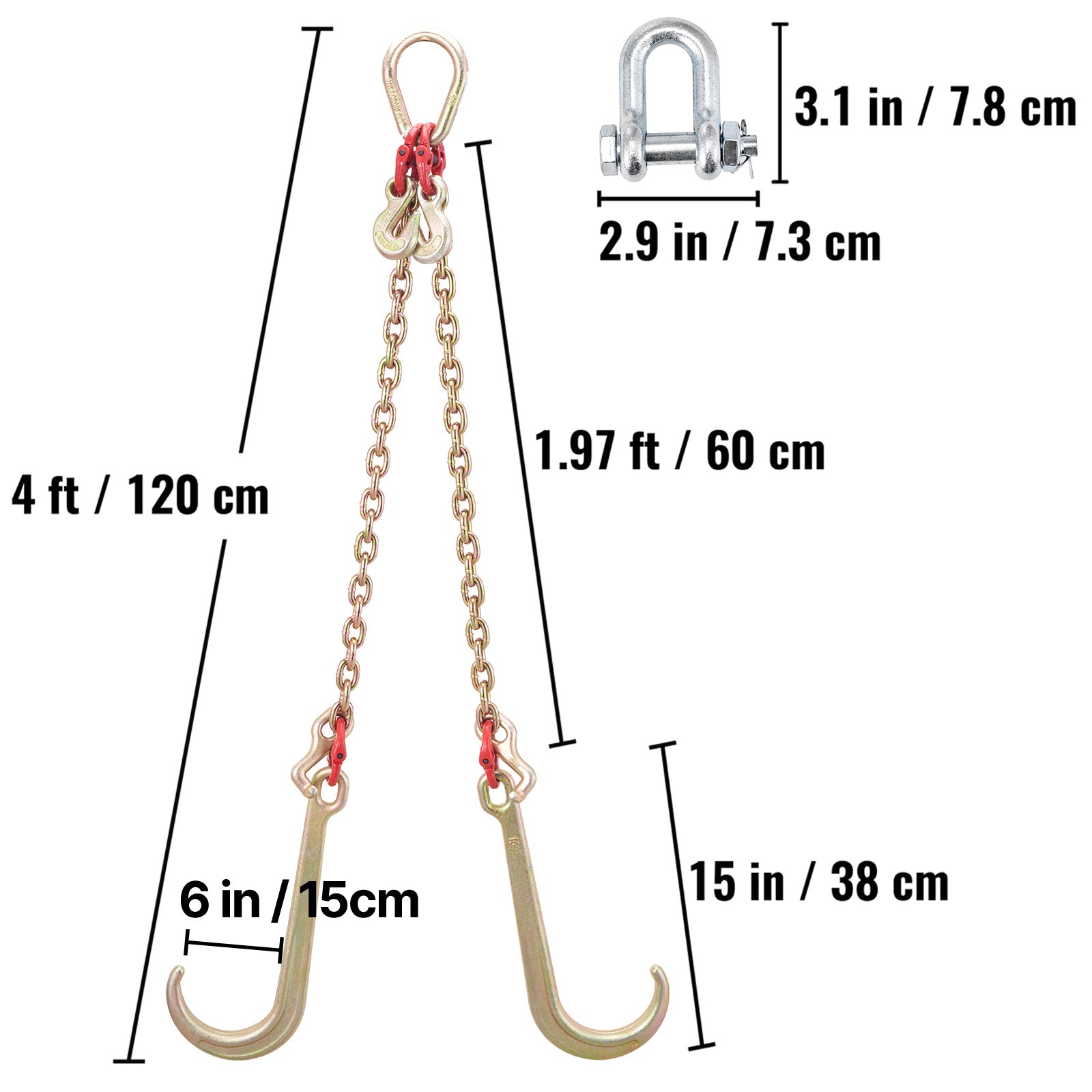VEVOR V Harness Chain, 8 mm x 60 cm Harness Tie Down Chain, Grade 80 V-Harness Transport Chain, 4898 kg Breaking Strength, with TJ Hooks and Crab Hooks, Heavy Duty Pear Link Connector and Chain Shortener