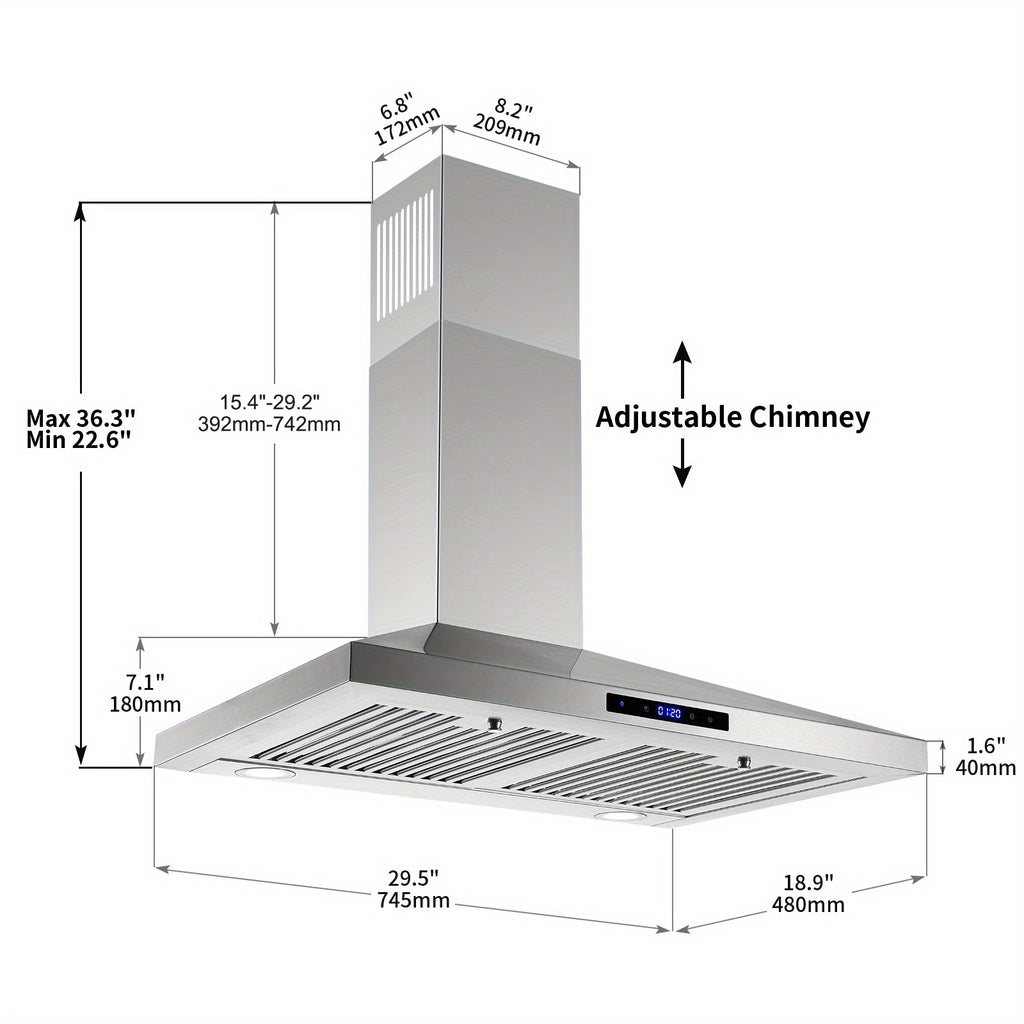 30-Inch Wall-Mounted Range Hood, 450 CFM Ventilation, Touch Control, Stainless Steel Design, LED Lighting, 3-Speed Fan, Available in Black and Silver