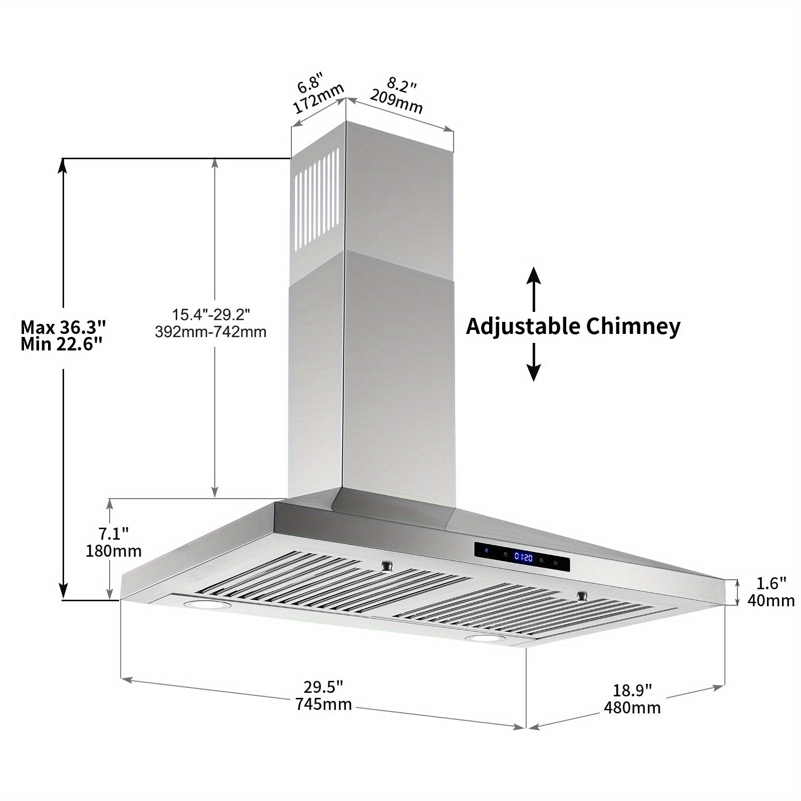 30-Inch Wall-Mounted Range Hood, 450 CFM Ventilation, Touch Control, Stainless Steel Design, LED Lighting, 3-Speed Fan, Available in Black and Silver