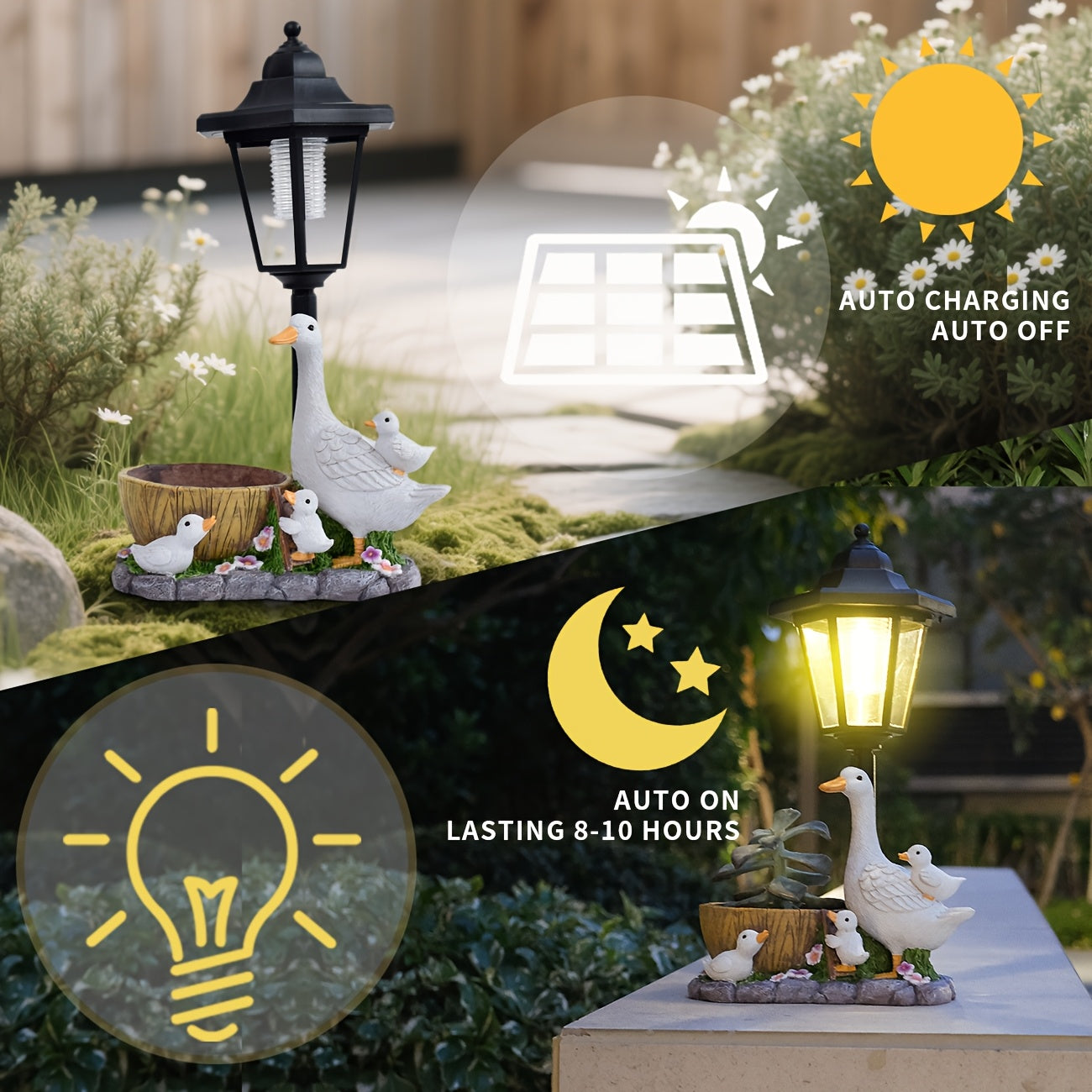 Resin Duck Family with Flower Pot Outdoor Solar Light Statue Decoration, Villa Balcony Ambiance Home Decorative Night Light, Courtyard Garden Sculpture Pathway Light, Solar Powered Multifunctional Decorative Light