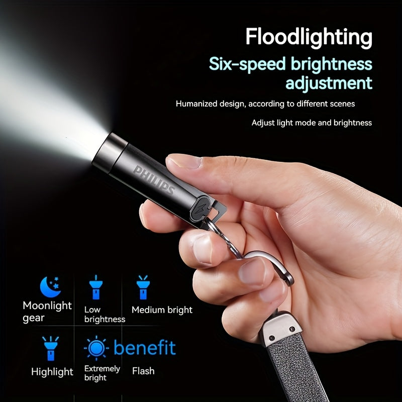 Philips Bright Mini Flashlight, Portable with Keychain Clip, UV Light Flashlight, Type-C Rechargeable, Essential for Night Commuting & Travel