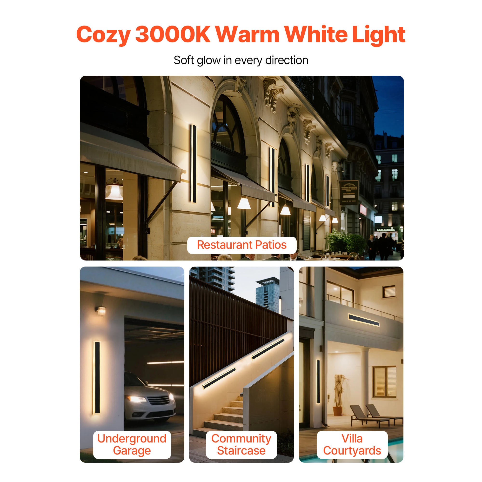 VEVOR Outdoor Wall Light, 1-Pack / 2-Pack, 23.6-Inch / 31.5-Inch / 39.4-Inch Long Strip Modern Exterior Wall Light, 3000K Warm White Light, Rust-Proof Outdoor Wall Mount Light, Suitable for House, Porch, Garage