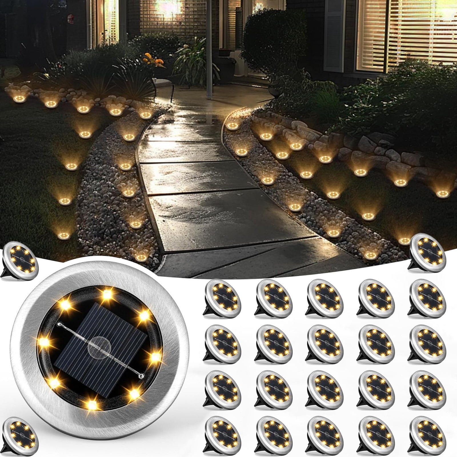 24-Piece Waterproof Outdoor Ground Light, Solar Courtyard Light, IP44 Waterproof, LED Landscape Garden Light, Suitable for Courtyard, Driveway, Walkway (Cool White / Warm White Dual Color)