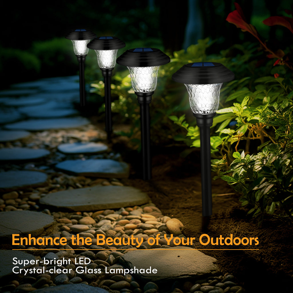[Super Bright Solar Light] Glass & Metal 8 Pack Solar Path Lights Outdoor 20 Lumens Solar Courtyard Light Glass Stainless Steel Auto On/Off Solar Landscape Light for Lawn, Patio, Yard, Garden, Walkway, Driveway