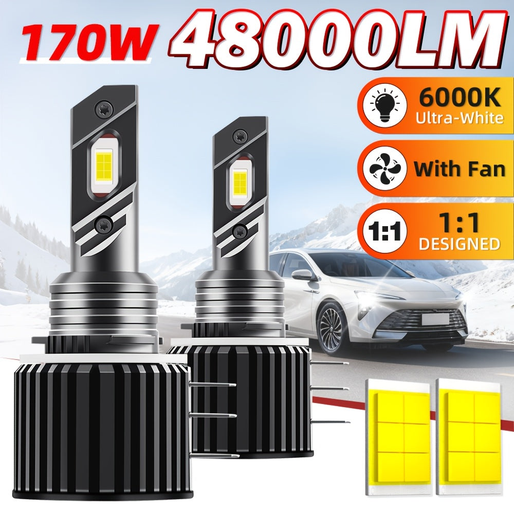 2-Pack H15 LED Headlight Bulbs | 48000LM High Lumens Super Bright 6000K White Light, High Stability, Turbo Jet Plug-and-Play, Suitable for Motor Vehicles