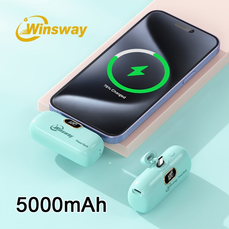 Winsway 5000mAh Super Mini Type-C Power Bank, Digital Display Of Power Value, Lipstick Size, Easy to Carry, Metal Interface Extended to Prevent Shaking And Disconnection, for Phone 16/16 Plus/15 Pro/15 Pro Max/Pad Pro/Android Mobile Phones