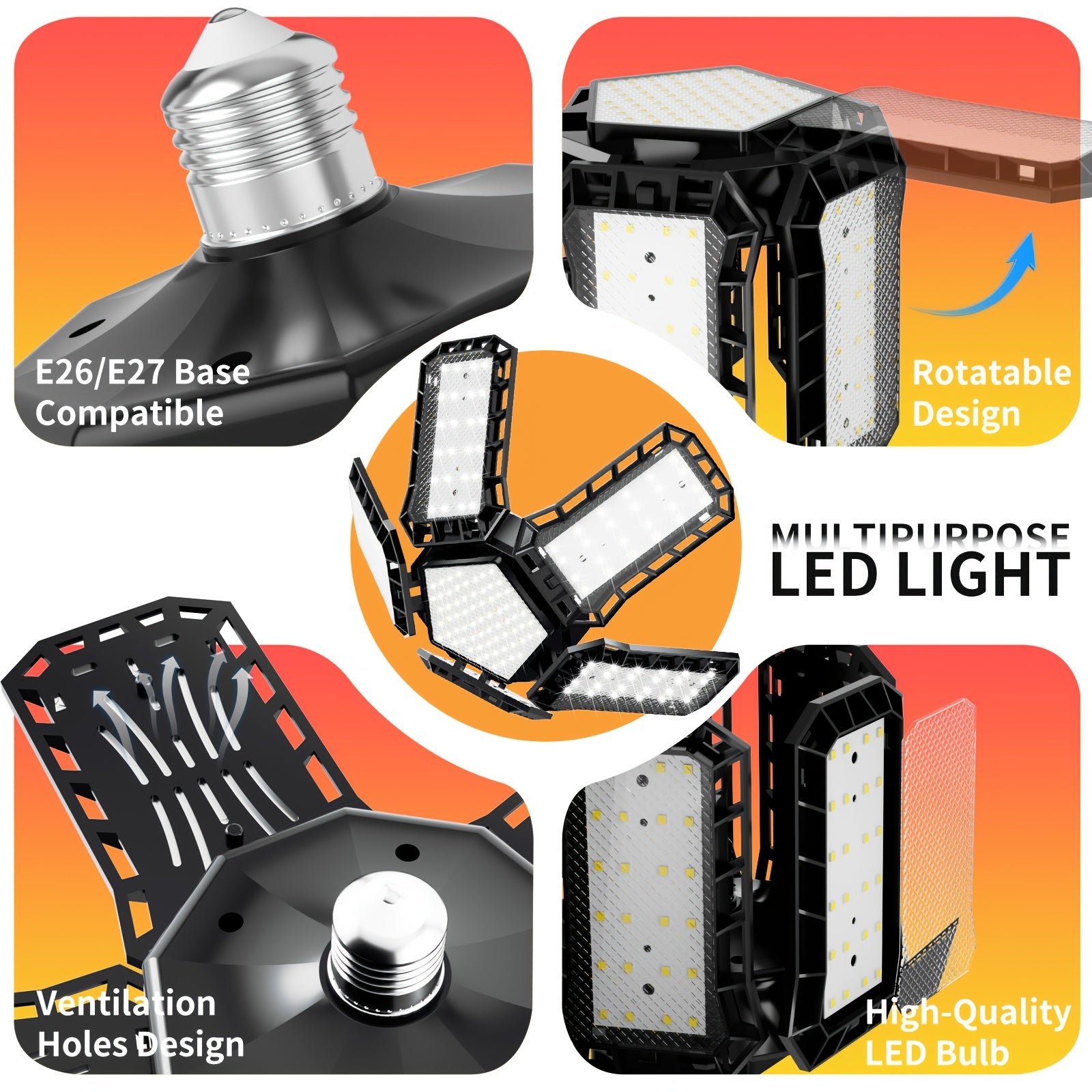15000 Lumen Ultra-Bright Deformable LED Garage Light, E26/E27 Base Screw-In Installation, No Wiring Required, Equipped with 188 LED Chips, 360-Degree Adjustable Ceiling Light, Suitable for Garage, Basement, Workshop