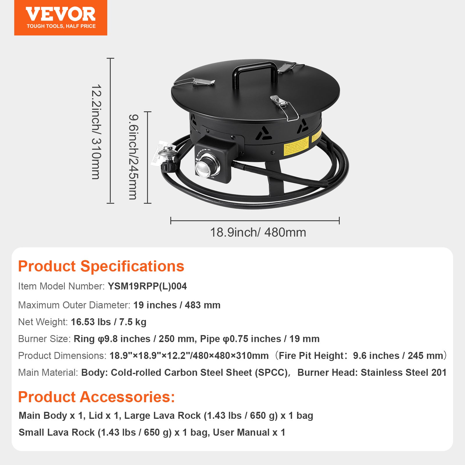 VEVOR Propane Fire Pit 19-Inch Outdoor Portable Gas Fire Pit Heater 58,000 BTU